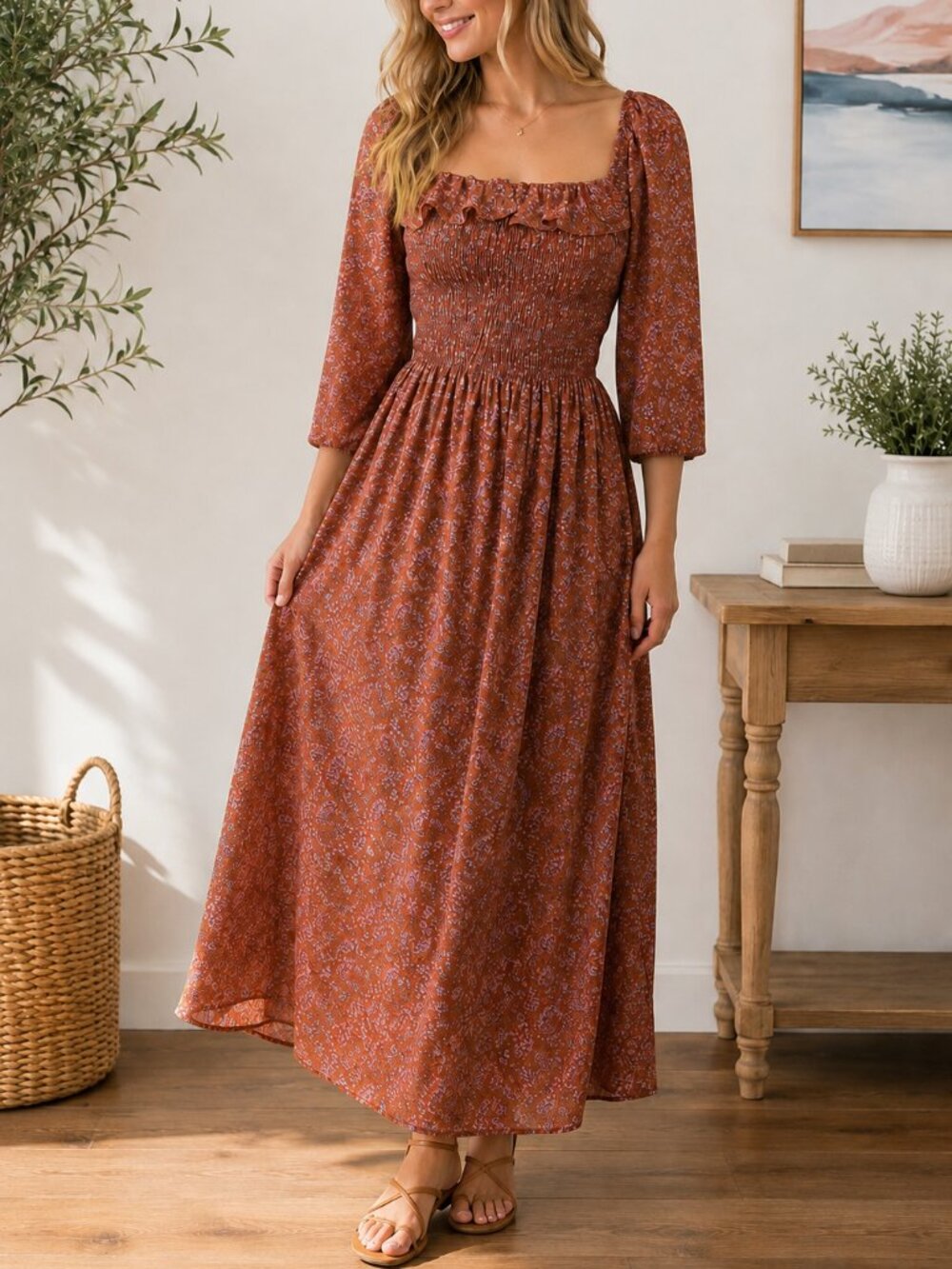 Coble Mode XS Brown Paisley Smocked Midi Dress Puff Sleeve Cottagecore Boho